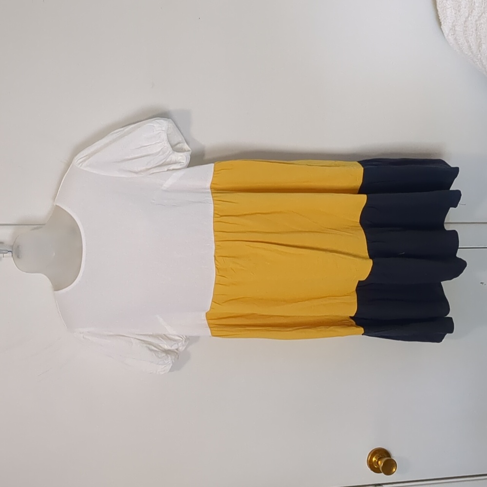 Short sleeve COTTON Color Block DRESS Sz L 8/10 Dark Gold Cream Babydoll 3 tier